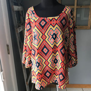 Alya Coral Navy Gold Aztec Tunic Blouse L